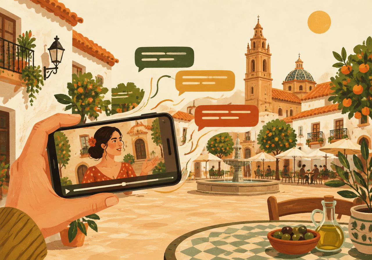 Spanish plaza with a phone playing a video